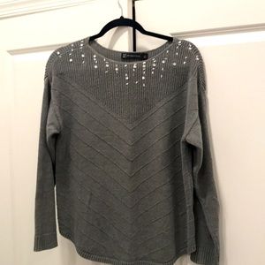 Gray Sweater with Crystal Embroidered Neckline